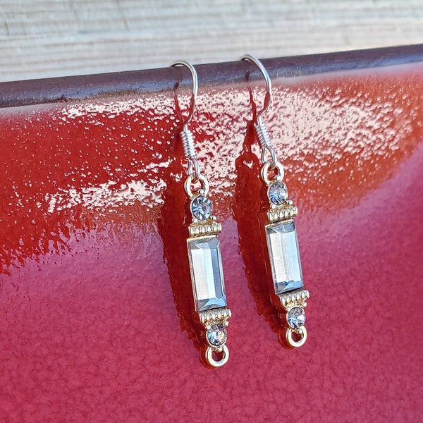 Diamond Silver Earrings, Long Silver and Diamond Earrings, Rectangular Diamond Dangle Earrings, Silver Diamond Earrings