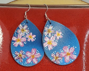 Blue Hawaiian Lei Teardrop Sterling Silver Earrings, Hawaiian Lei Flower Teardrop Earrings, Blue and Pink Lei Sterling Silver Earrings