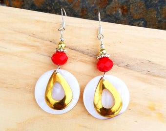 Gold Teardrop and Shell Red Sterling Silver Earrings, Shell Red and Gold Sterling Earrings, Red Gold Shell Silver Earrings