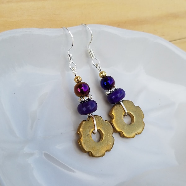 Gold Spur Rowel and Purple Sterling Silver Earrings, Gold Spur Rowel Purple Sterling Earrings, Spur Rowel Earrings, Purple Spur Earrings