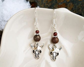 Cow Skull Earrings, Brown Buffalo Skull Sterling Silver Earrings, Buffalo Skull Earrings, Cow Skull Brown Silver Earrings