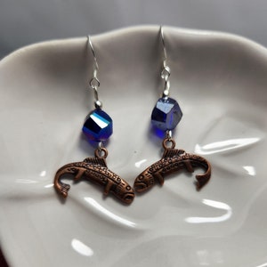Copper and Purple Trout Sterling Silver Earrings, Fish Sterling Earrings, Silver Copper Trout Sterling Earrings, Purple Trout Earrings