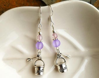 Lavender Sand Bucket Earrings, Purple Sand Sterling Silver Earrings, Silver Day At The Beach Earrings, Purple Sand Sterling Silver Earrings