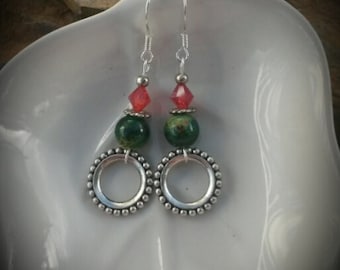 Green Red Silver Hoop Dangle Sterling Silver Earrings, Christmas Silver Hoop Dangle Sterling Silver Earrings