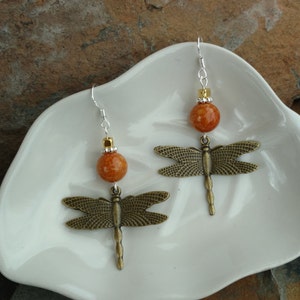Orange Gold Dragonfly Earrings, Burnt Orange Dragonfly Sterling Silver Earrings, Dragonfly Earrings, Gold Dragonfly Earrings