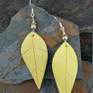 Yellow Leaf Sterling Silver Earrings, Yellow Wooden Leaf Earrings, Banana Yellow Leaf Sterling Silver Earrings