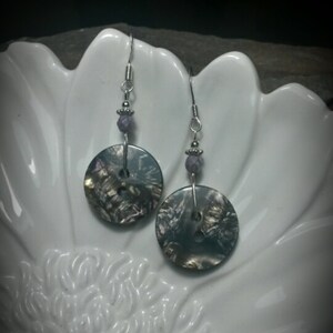 Brown Purple Button Sterling Silver Earrings, Brown Button Silver Earrings, Button Earrings, Purple Button Earrings