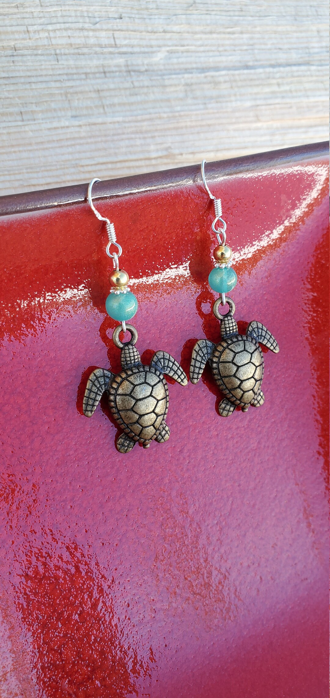 Green and Gold Sea Turtle Earrings, Sea Turtle Green Dangle Sterling