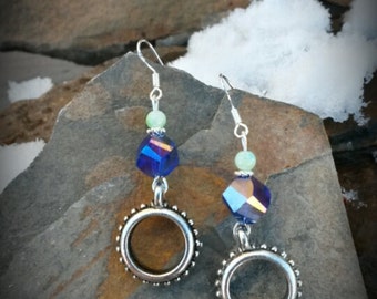 Green Purple Silver Hoop Dangle Sterling Silver Earrings, Purple Silver Hoop Sterling Silver Earrings