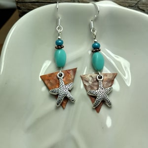 Blue Starfish Earrings, Blue Silver Starfish Copper Sterling Silver Earrings, Blue Starfish Earrings, Copper Starfish Sterling Earrings