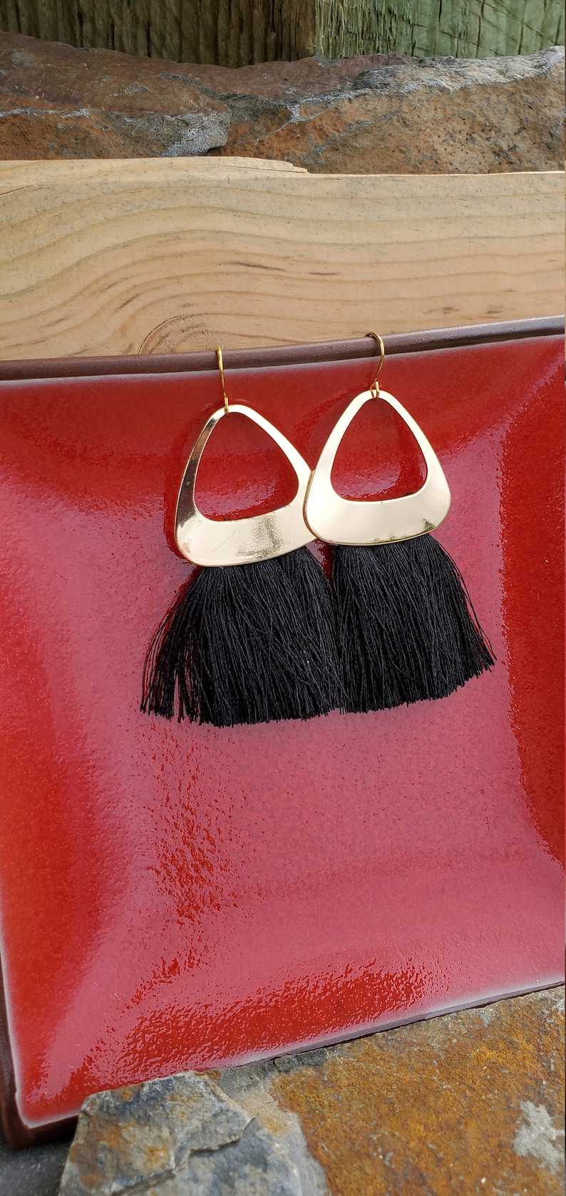 Boho Tassel Earrings Gold Black Tassel Earrings Boho Gold and Black Tassel Earrings