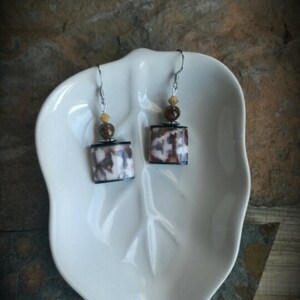 Brown and Gold Square Shell Silver Earrings, Brown Shell Silver Earrings, Square Shell Silver Earrings