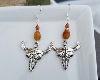 Buffalo Skull Earrings, Brown Buffalo Skull Sterling Silver Earrings, Buffalo Skull Silver Earrings, Cow Skull Silver Earrings