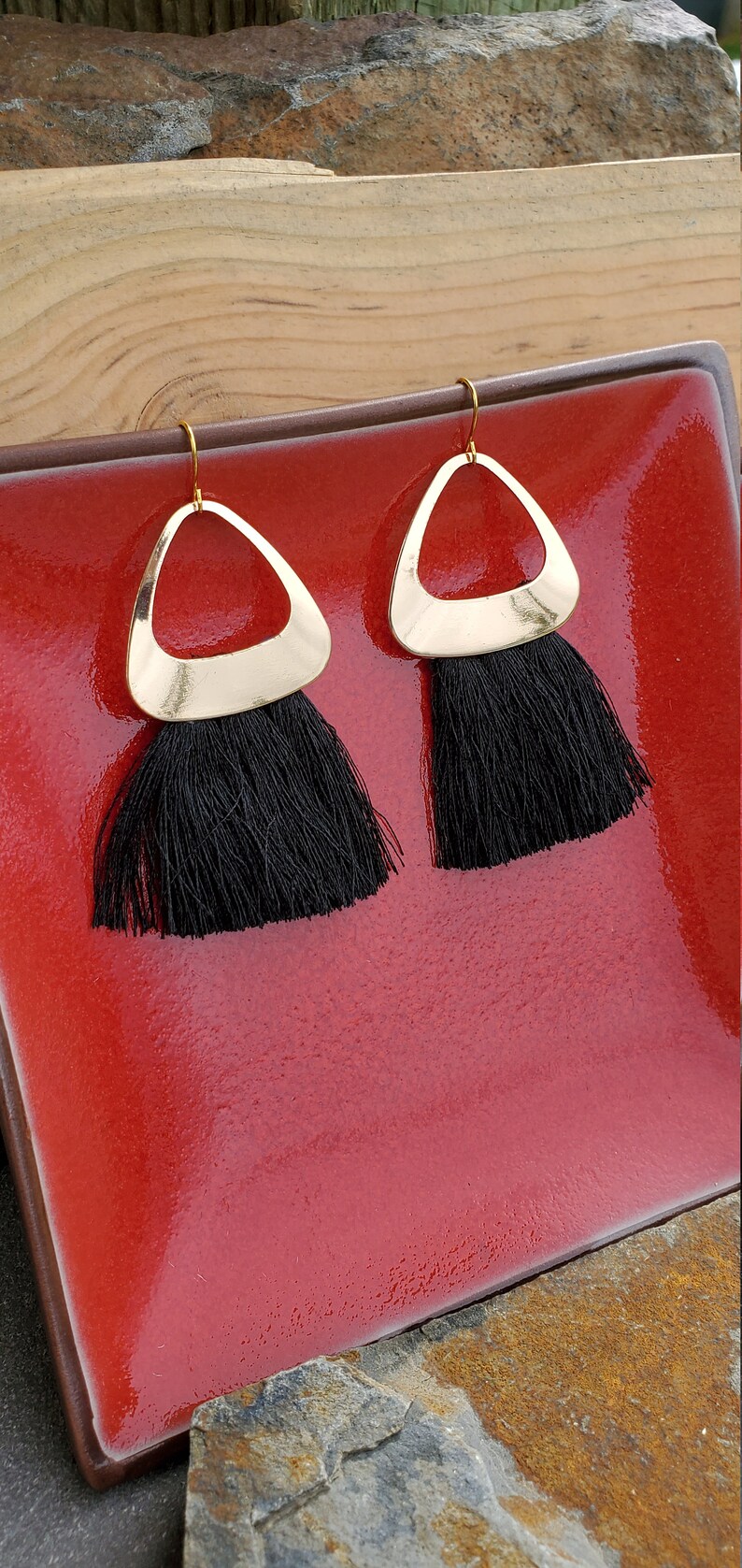 Boho Tassel Earrings Gold Black Tassel Earrings Boho Gold and Black Tassel Earrings