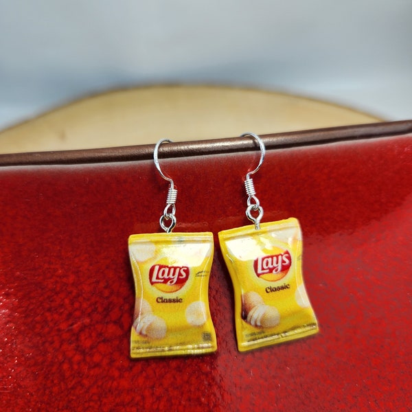 Lays Chips Earrings, Lay's Potato Chip Bag Earrings, Lay's Chip Bag Sterling Silver Earrings