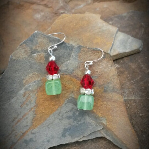 Green Red Glass Silver Dangle Earrings, Green Square Silver Dangle Earrings, Green Red Glass Earrings