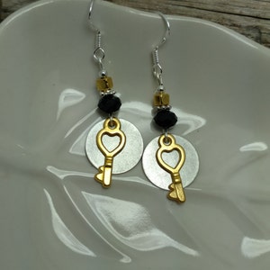 Black Gold Key Earrings, Gold Key Black Sterling Silver Dangle Earrings, Gold Key Earrings, Black Gold Key Sterling Silver Earrings
