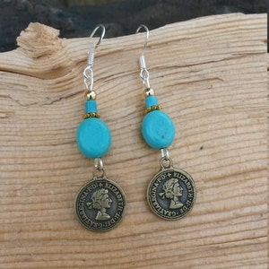 Elizabeth Coin and Turquoise Sterling Silver Earrings, Elizabeth Coin Sterling Earrings,  Gold Turquoise Earrings