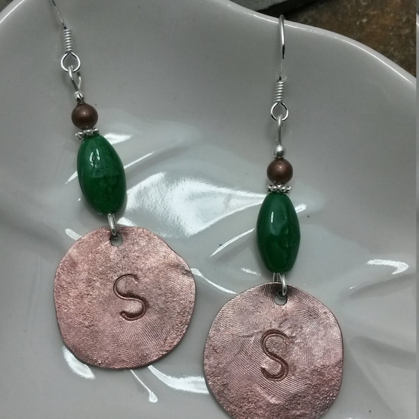 Copper Penny S Green Sterling Silver Earrings, Copper Penny Sterling Earrings, Green Penny Letter S Earrings, Letter S Green Earrings