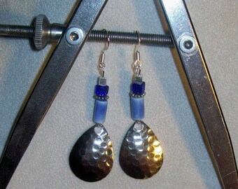 Blue Hammered Silver Teardrop Sterling Silver Dangle Earrings, Silver Teardrop Cobalt Blue Sterling Silver Earrings