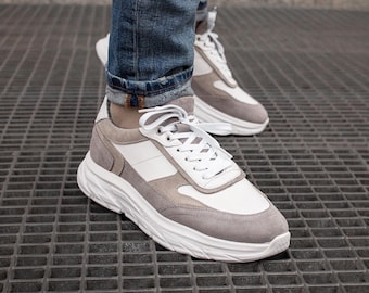 Stylish White Sneakers for Men | Premium Men's White Sneakers | Handmade Leather Shoes with Suede | Lightweight Footwear for Him