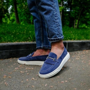 Luxury Handmade Blue Suede Leather Loafers | Elegant Leather Shoes for Men | Men’s Designer Dress Shoes with Buckle | Gift for Him