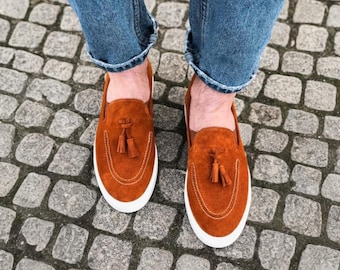 Sophisticated Suede Loafers with Tassels for Men | Elegant Leather Handmade Dress Shoes | Premium Casual Moccasins | Gift for Him Shoes