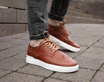 Handmade Brown Leather Brogue Sneakers | Men's Casual Shoes