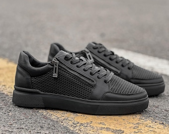 Men’s Sport Dress Shoes  | Men Low-Top Trainers | Minimalist Handmade tennis shoes | Mens tie sneakers | Black leather sneakers