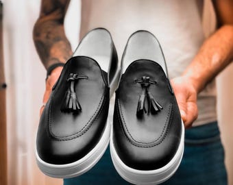 Casual Black Loafers with Tassels for Men | Premium Leather Handmade Dress Shoes | Sophisticated Lightweight Moccasins | Gift for Him Shoes