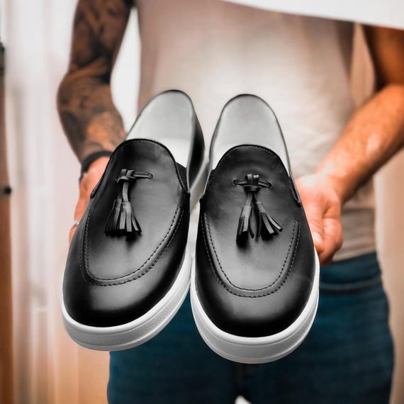 Designer Handcrafted Mens Dress Black Leather Loafers with Tassels Handmade Men Black Leather Penny loafer shoes with tassels  main image 2