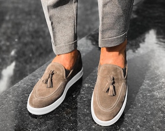 Luxorius Herrloafers i Mocka med Tofsar | Snygga Herrskor i Premium Läder | Eleganta Äkta Läderskor för Bröllop | Skor Present