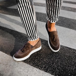 Genuine Suede Men&#39;s Loafers with Tassels | Premium Slip-On Dress Shoes | Stylish Moccasins for Men | Birthday Gift for Him