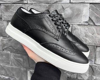 Black sneakers with white sole, genuine leather shoes, mens casual shoes,  custom shoes, mens handmade shoes