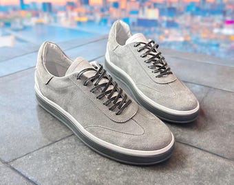 Casual Suede Men's Gray Sneakers | Premium Handcrafted Footwear with Unique Custom Design | Modern Leather Shoes for Birthday Gift