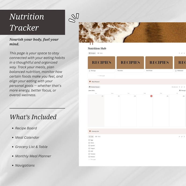 May include: A digital nutrition tracker template featuring a header with a beach image, a Nutrition Hub section with recipe cards, a meal planner calendar for June 2024, and a grocery list. The layout includes text describing features like a recipe board.