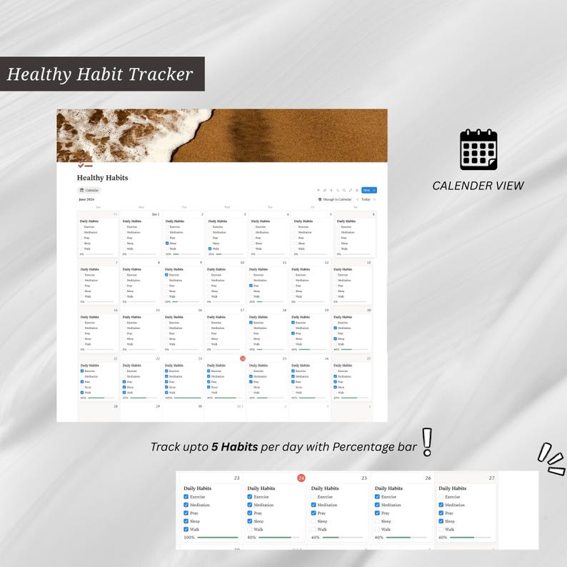 May include: A digital Healthy Habit Tracker template featuring a calendar view for June 2024. The layout includes daily habit checklists for exercise, meditation, prayer, sleep, and walking, with a percentage progress bar for tracking up to 5 habits per day.