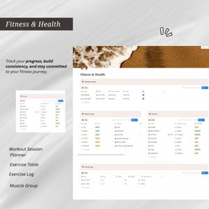 May include: A digital fitness and health planner template featuring sections for workout sessions, muscle groups, exercise tables, and logs. The layout includes tables with columns for dates, locations, times, and exercise details with a beach header.