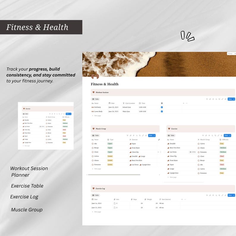 May include: A digital fitness and health planner template featuring sections for workout sessions, muscle groups, exercise tables, and logs. The layout includes tables with columns for dates, locations, times, and exercise details with a beach header.