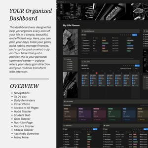 May include: A digital life planner dashboard interface featuring a dark theme with sections for upcoming assessments, a to-do list, daily habits, a calendar for September 2025, a class schedule, daily exercise logs, and an expense tracker table.