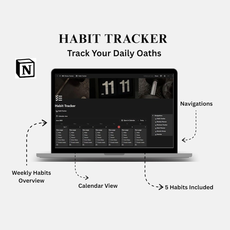 May include: A laptop screen displays a habit tracker interface with the text "HABIT TRACKER Track Your Daily Oaths." The interface includes a calendar view, weekly habits overview, and navigation options. The screen shows 5 habits included.