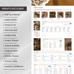 The image is a screenshot of a life planning and organization tool, which includes various sections such as a self-care planner, habit tracker, nutrition hub, student hub, project planner, fitness & health, goals & vision, weekly planner, priority table, aesthetic dashboard, and aesthetic dashboard.