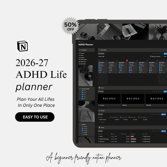 Notion ADHD 2026 Planner Template Digital Planner Habit Tracker Life Management Tool Organization Template Student Productivity Template