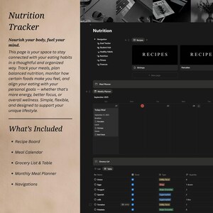 Pode incluir: Um rastreador de nutri&ccedil;&atilde;o digital com um tema escuro, com se&ccedil;&otilde;es para receitas, planejamento de refei&ccedil;&otilde;es e listas de compras. O texto inclui "Nutrition Tracker", "Recipe Board" e "Meal Calendar", projetado para gerenciar h&aacute;bitos alimentares.