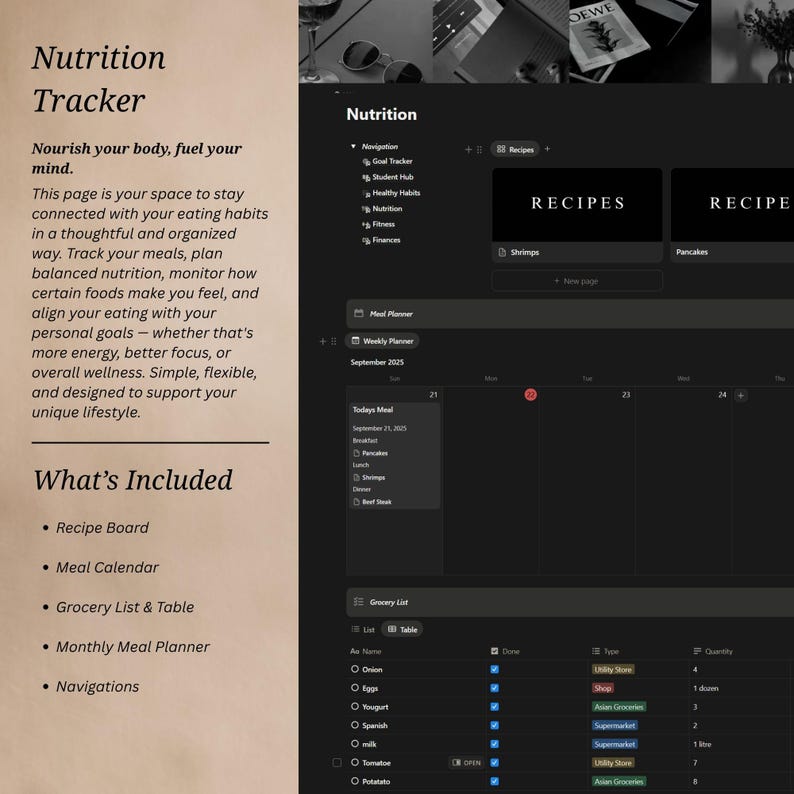 Pode incluir: Um rastreador de nutri&ccedil;&atilde;o digital com um tema escuro, com se&ccedil;&otilde;es para receitas, planejamento de refei&ccedil;&otilde;es e listas de compras. O texto inclui "Nutrition Tracker", "Recipe Board" e "Meal Calendar", projetado para gerenciar h&aacute;bitos alimentares.