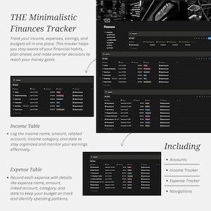 May include: A digital finance tracker template featuring a dark mode interface with tables for income and expenses. The layout includes sections for accounts, income tracking, expense tracking, and navigation, with text labels such as THE Minimalistic Finances Tracker, Income Table, Expense Table, and Including.