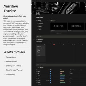 May include: A digital nutrition tracker template featuring a dark interface with a meal planner, recipe board, and grocery list. The layout includes text sections titled Nutrition Tracker and What's Included, with a calendar view for September 2025.