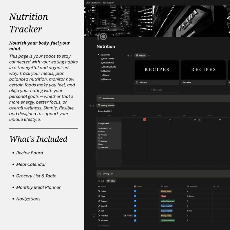 May include: A digital nutrition tracker template featuring a dark interface with a meal planner, recipe board, and grocery list. The layout includes text sections titled Nutrition Tracker and What's Included, with a calendar view for September 2025.