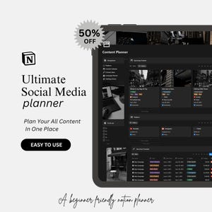 May include: A digital tablet displays a social media planner interface. The screen shows a black and white design with the text "Ultimate Social Media planner" and "Plan Your All Content In One Place." A "50% OFF" sticker is in the top left corner.