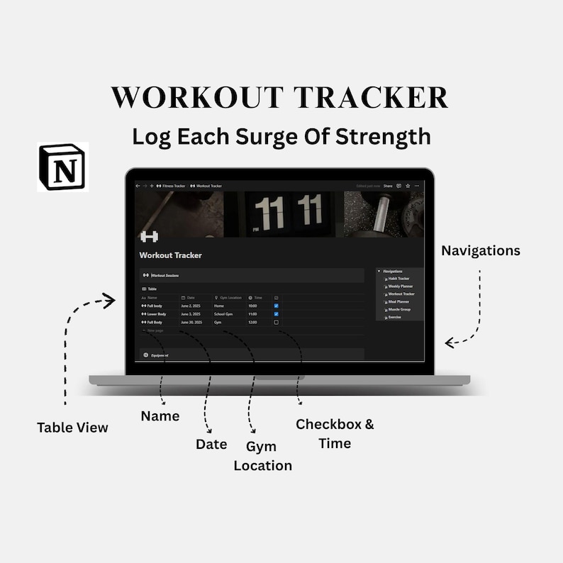 May include: A laptop displaying a "Workout Tracker" interface with the text "Log Each Surge Of Strength." The screen shows a table view with columns for name, date, gym location, checkbox, and time. The interface includes navigation options.